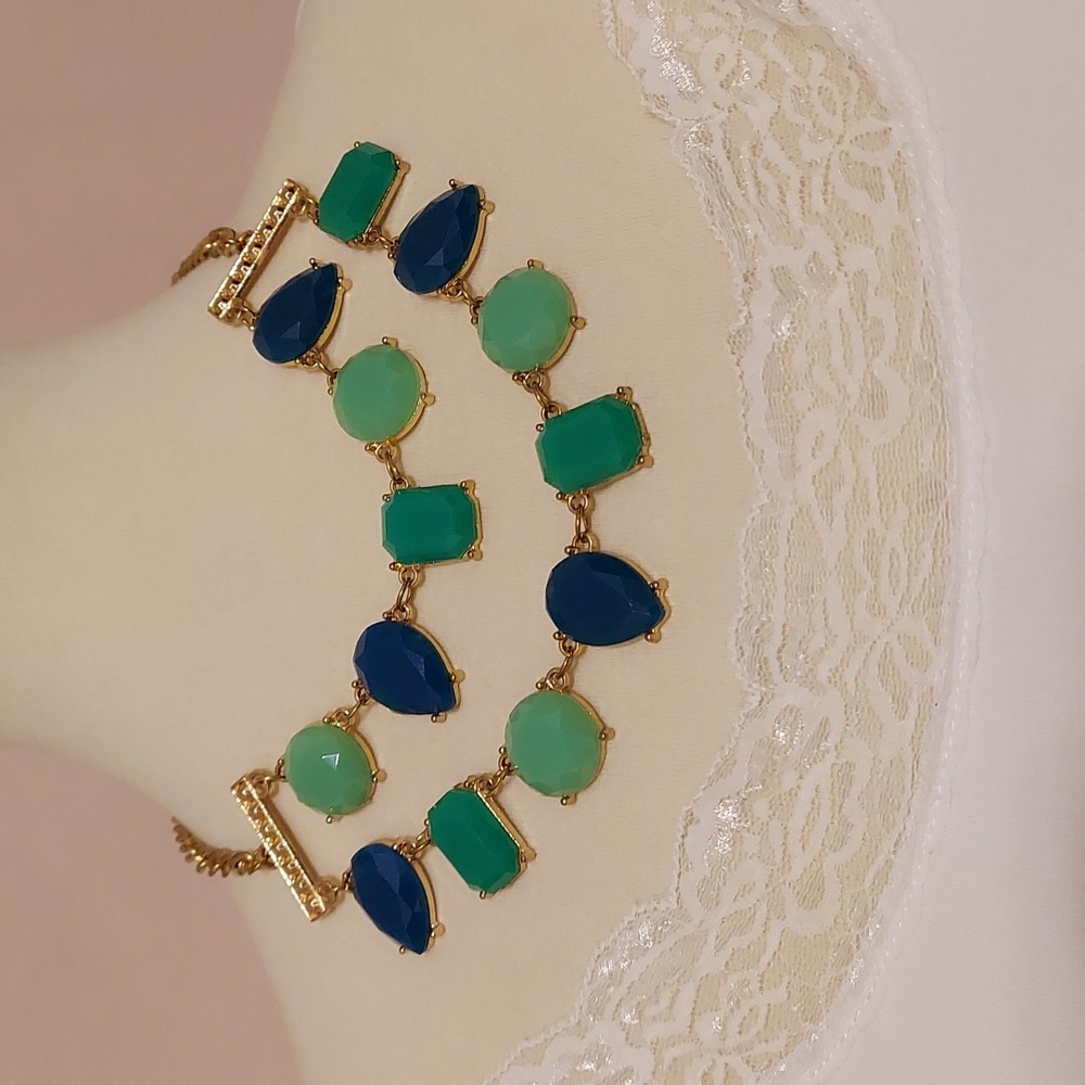 Green and Blue Jeweled Statement Necklace and Earrings Set
